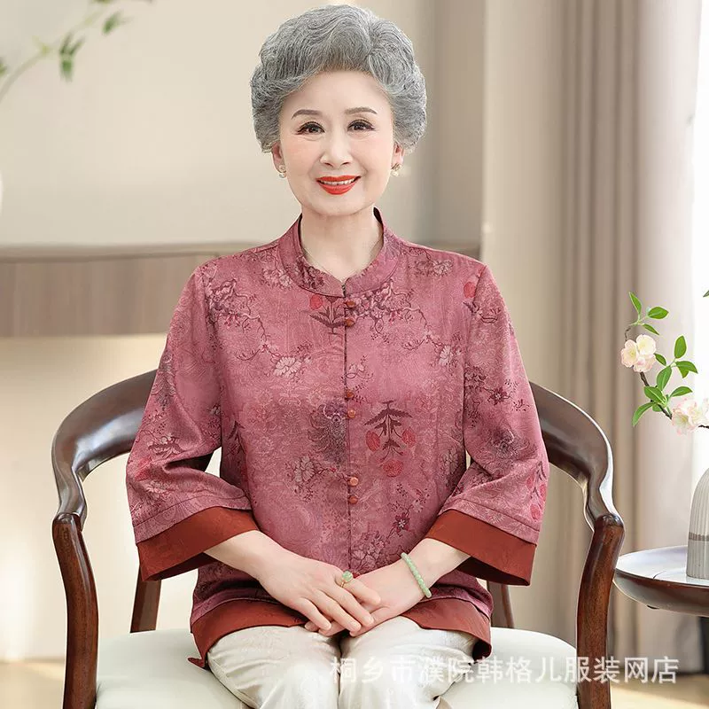 Новая одежда для мам в китайском стиле, весенне-летние топы, рубашки с рукавами три четверти, женская одежда среднего и пожилого возраста, рубашки из искусственного шелка в китайском стиле для старух