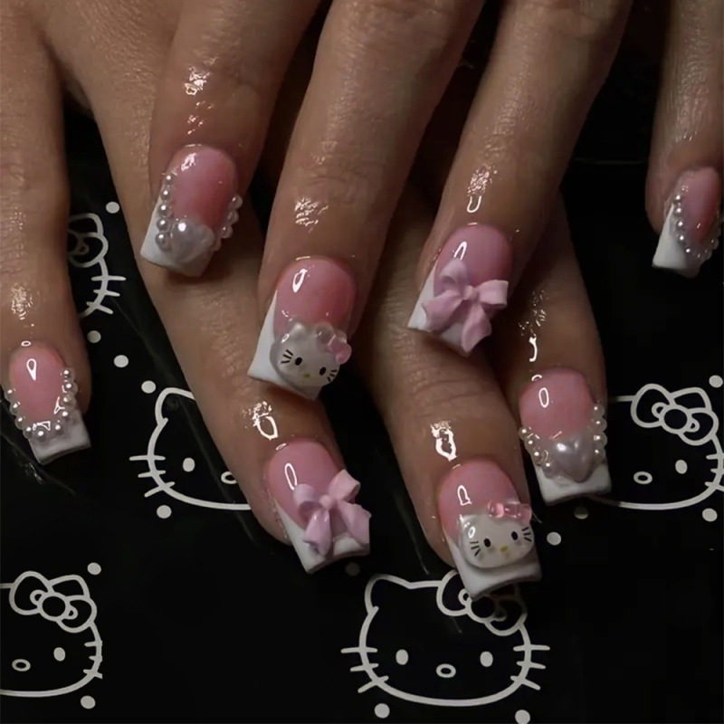 Cross-Border 24-Piece Medium-Length Wearable Nails with a High-End Feel, Featuring Kitty Cat, Bow, and Heart Designs Cross-Border 24-Piece Medium-Length Wearable Nails with a High-End Feel, Featuring Kitty Cat, Bow, and Heart Designs