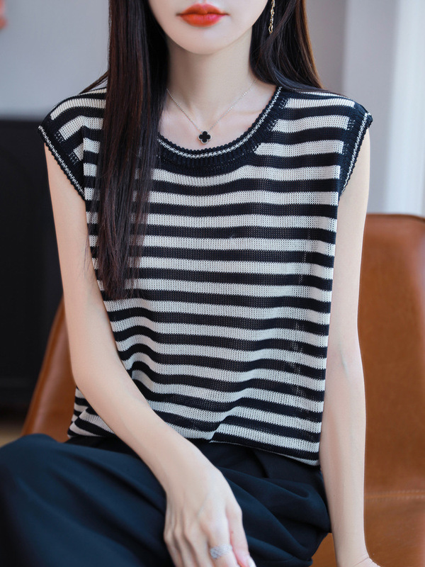 莱赛尔天丝条纹针织无袖背心女夏季圆领透气宽松显瘦打底外穿上衣|undefined