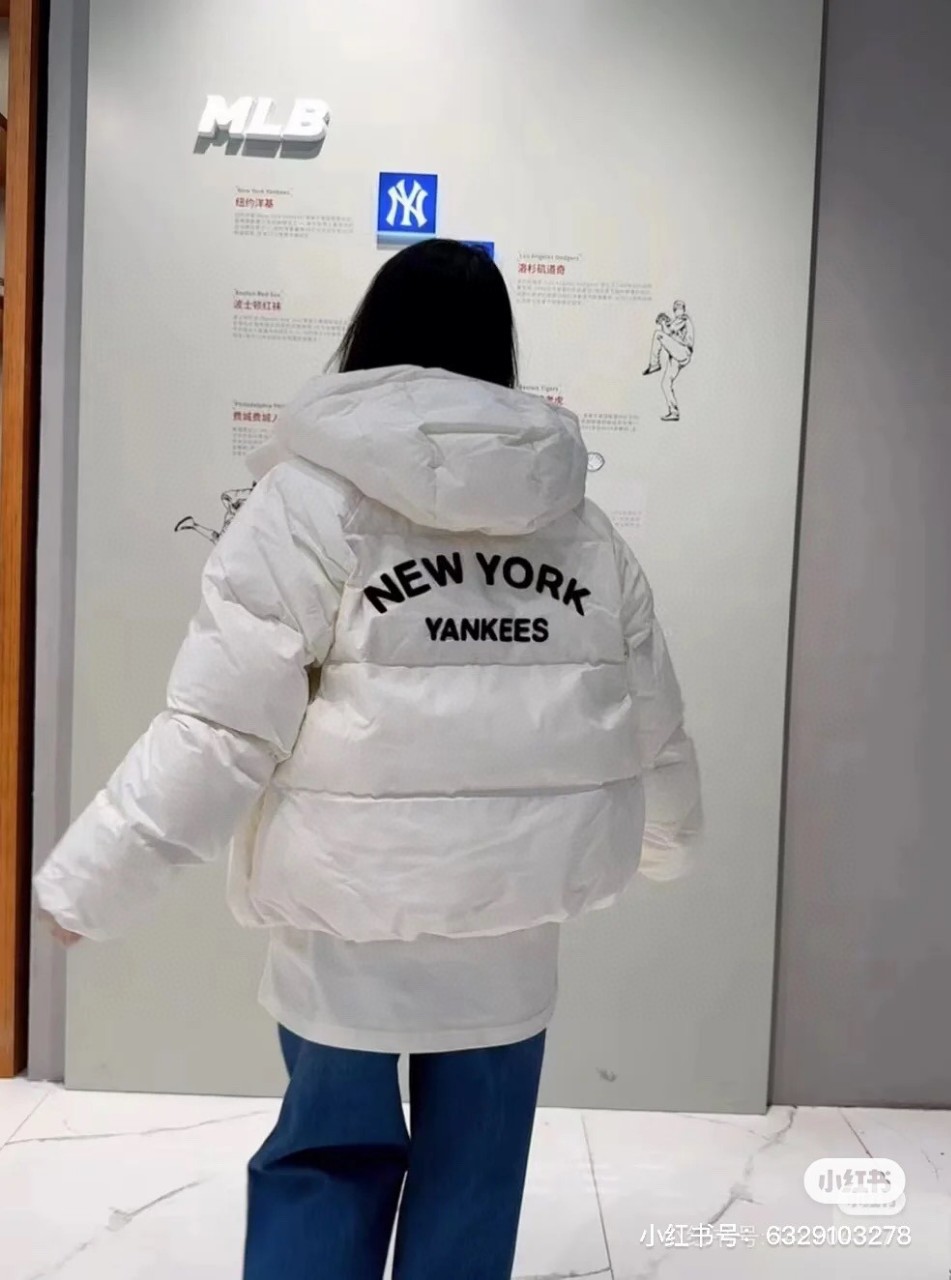 MLb羽绒服24冬季新款NY毛巾绣连帽字母宽松百搭男女情侣羽绒外套-阿里巴巴