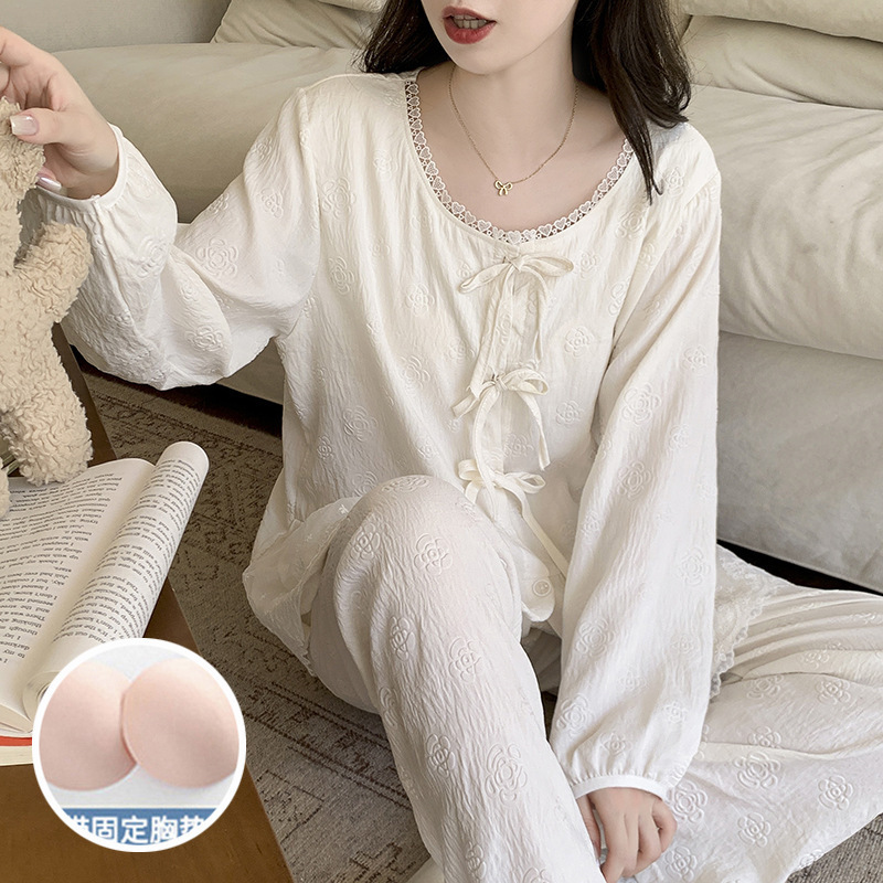 云朵棉睡衣女带胸垫春秋季新款韩版甜美ins风宽松长袖家居服套装|undefined