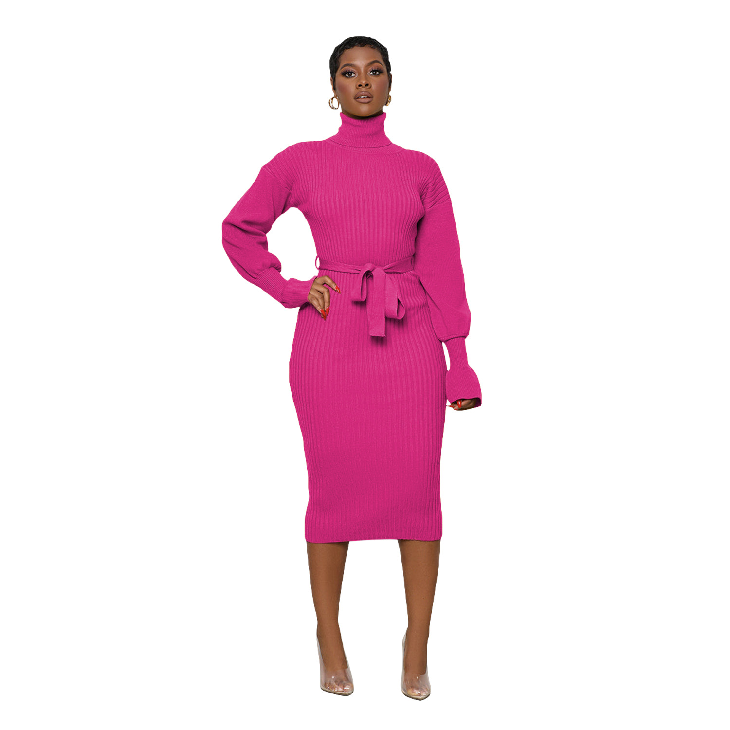 Women's Clothing solid color high collar knitted strap dress_voghion.com