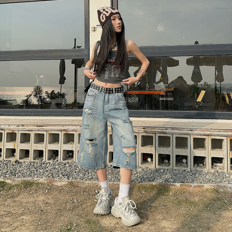 American Retro High-Waisted Ripped Loose Wide-Leg Pants Versatile Drapey Vintage Straight Cropped Jeans for Women Summer American Retro High-Waisted Ripped Loose Wide-Leg Pants Versatile Drapey Vintage Straight Cropped Jeans for Women Summer