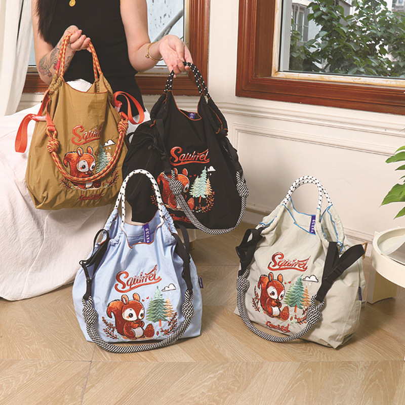 [Original] Summer New Japanese Style Nylon Embroidered Bag, Fashionable and Versatile, Niche Large-Capacity Shoulder Shopping Bag for Women