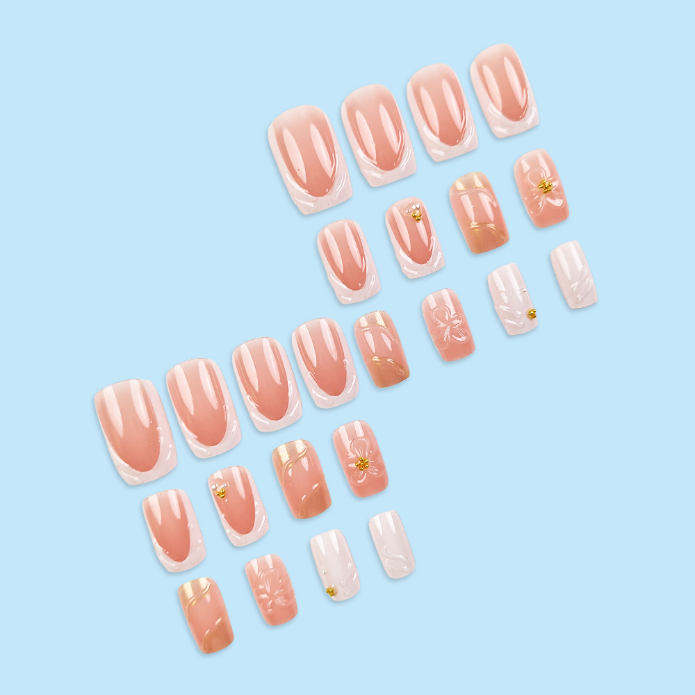 Ventas transfronterizas en caliente 3D flor manicure polvo desnudo punto de perla perforado estilo francés 24 piezas de parche de uñas
