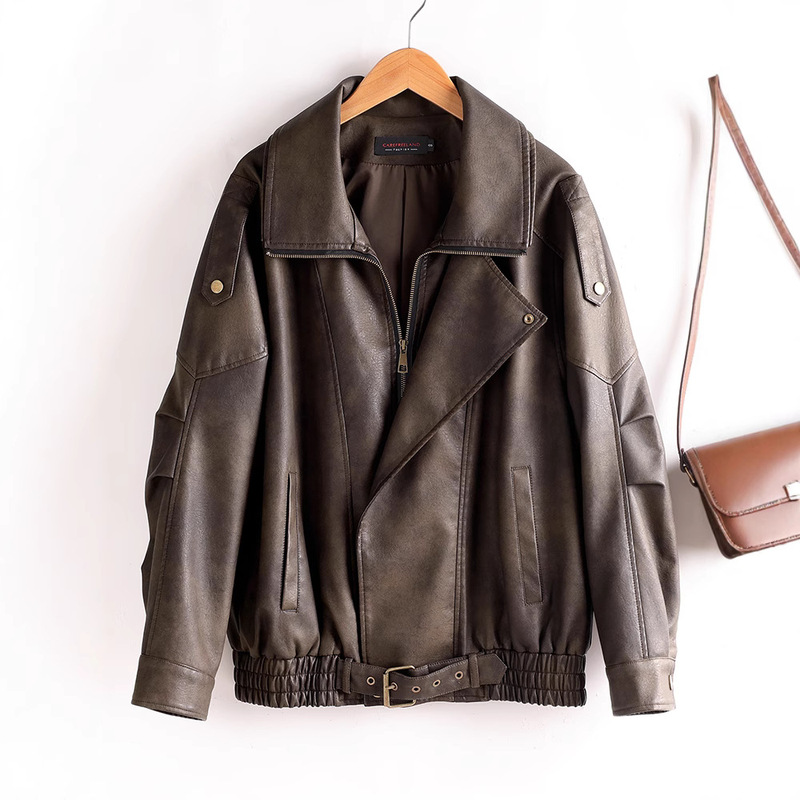 Haining Embossed Sheepskin Genuine Leather Jacket Yangshulin Silhouette Loose Oversized Cool Biker Leather Jacket Trendy