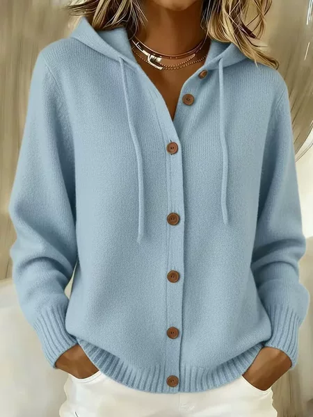 2026 European and American Style Button Knit Hooded Sweater Cardigan Jacket Autumn and Winter New Cross-Border Solid Color Casual Fashion Women's Clothing