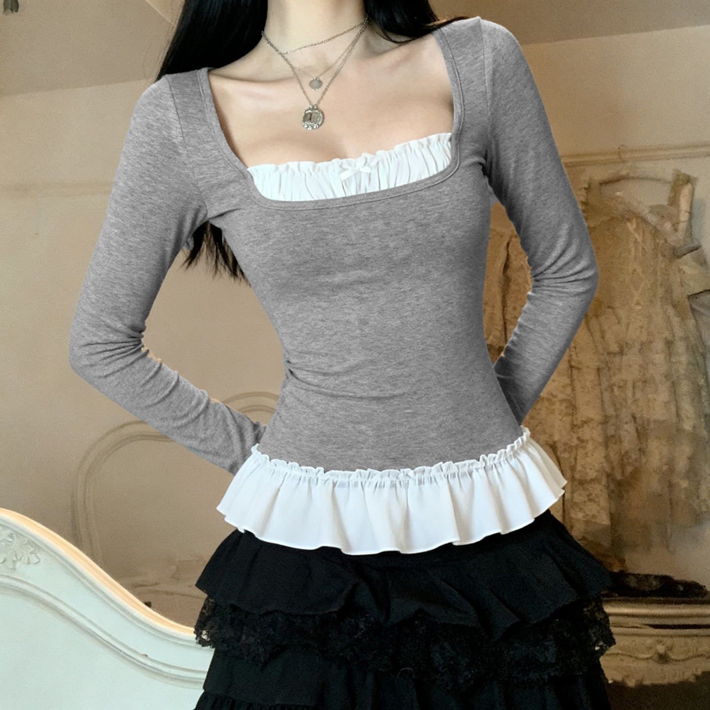 甜辣个性娃娃领百褶拼接褶皱假两件长袖T恤辣妹少女收腰针织上衣