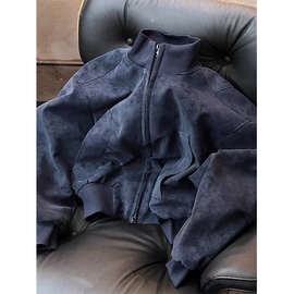 藏青色美式短款皮衣外套男秋冬季cleanfit飞行夹克立领正肩棒球服