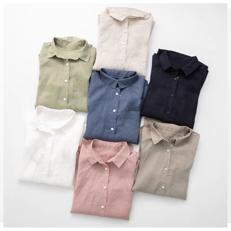 Lightweight High Count Pure Linen Soft Glossy Lapel Long-Sleeved Loose Shirt Women's Spring and Summer Linen Top