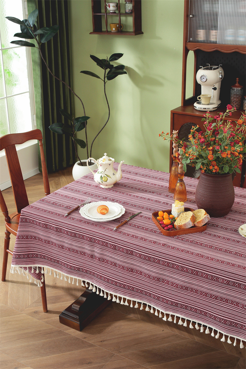 Nappe En Jacquard Style Ethnique Américain Avec Franges Et Dentelle_voghion.com
