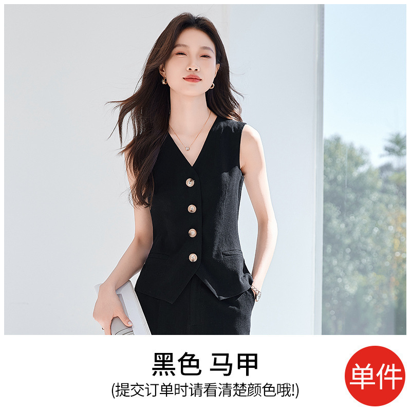 无袖亚麻西装马甲春夏季新款女士修身坎肩小个子短款时尚马夹套装|undefined
