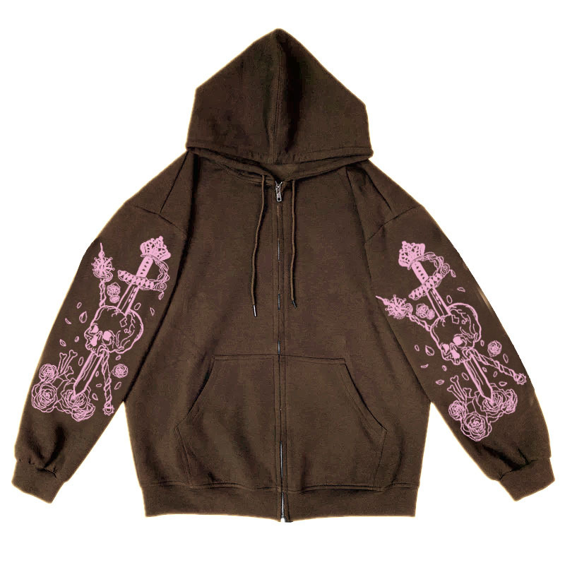Sudadera con capucha y lazo con cremallera estampada para mujer coreana 2021, chaqueta negra retro, sudadera de calle