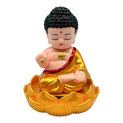 Solar-Powered Lotus Base Buddha Head Nodding and Shaking Ornament for Car Interior Decoration Craft Car Lotus Ornament (Car ornaments) - golden-tathagata