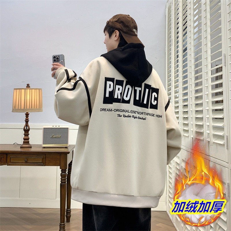 外贸批发连帽棒球服外套男冬季潮牌宽松休闲夹克大码开衫加绒卫衣|undefined