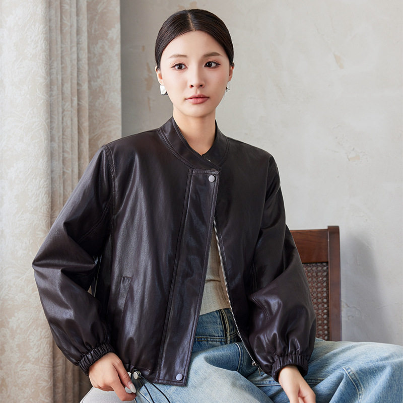 Áo khoác da nữ ngắn cổ đứng lót lông dày dặn — Cà phê đỏ với fleece dày, Màu đen Fleece dày