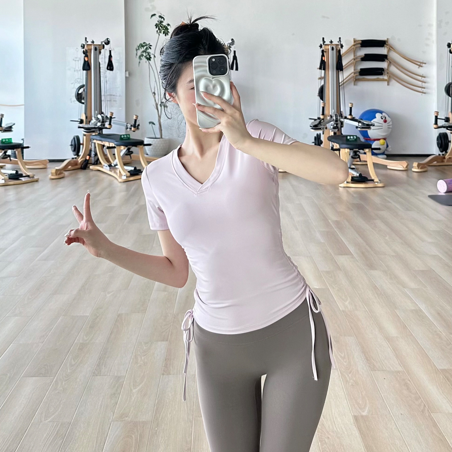 Yoga Clothing Women's Summer Sports Top Slim-fit T-shirt V-neck Pleated Waist Short-sleeved Pilates Training Fitness Clothing