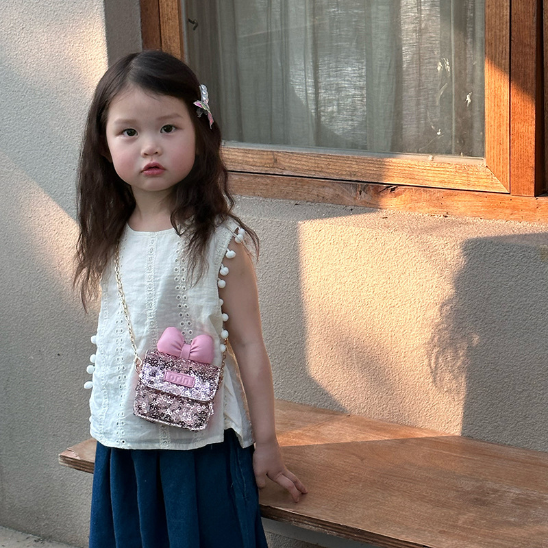 Estilo occidental princesa bolso de hombro lindo lazo color sólido mini bolso de cadena de bebé nuevo bolso de moda con lentejuelas para niños