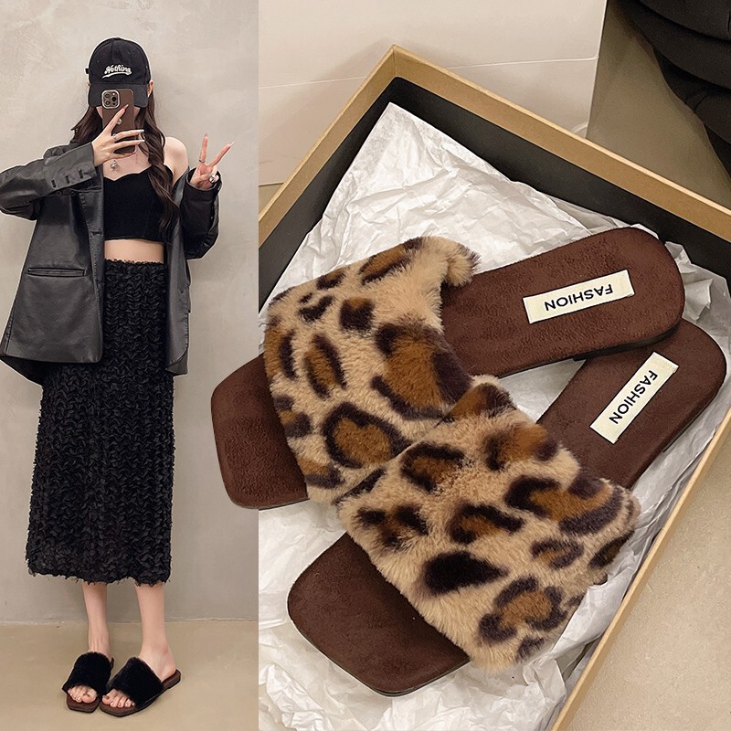 Korean Fashion Leopard Print Flat Cotton Slippers for Women 2025 Autumn and Winter New Style Gentle Square Toe Fur Slippers Wholesale Korean Fashion Leopard Print Flat Cotton Slippers for Women 2025 Autumn and Winter New Style Gentle Square Toe Fur Slippers Wholesale