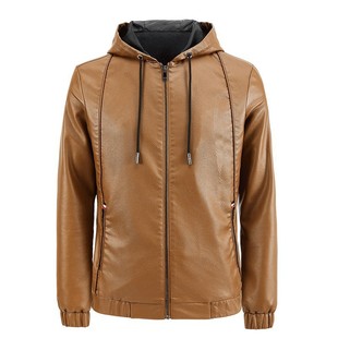 Cross-Border Popular Amazon Men's Leather Jacket Hooded Slim Korean Style Motorcycle Casual Simple Jacket Thickness Optional