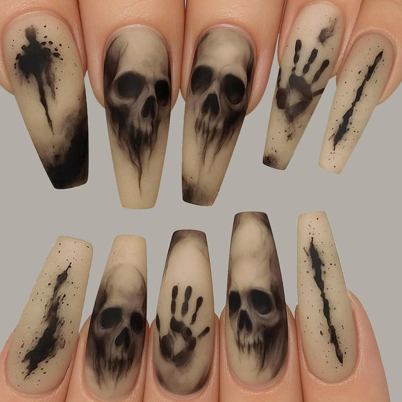 Cross-border Halloween nail tips, scary black skull, long coffin-shaped fake nails, matte finish, Halloween atmosphere, wearable nails Cross-border Halloween nail tips, scary black skull, long coffin-shaped fake nails, matte finish, Halloween atmosphere, wearable nails