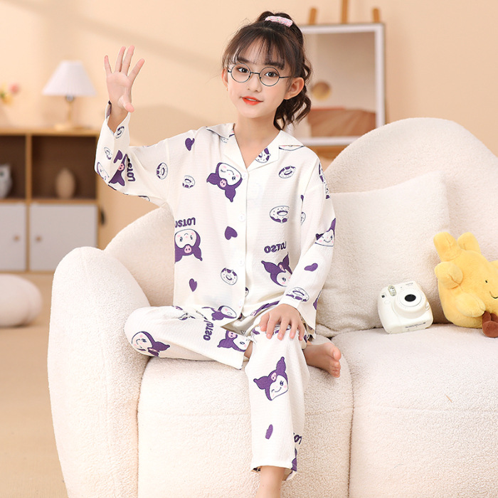 Pijamas infantiles primavera y otoño delgada espuma tela arrugada ropa para el hogar niñas dibujos animados aire acondicionado ventilado ropa de verano