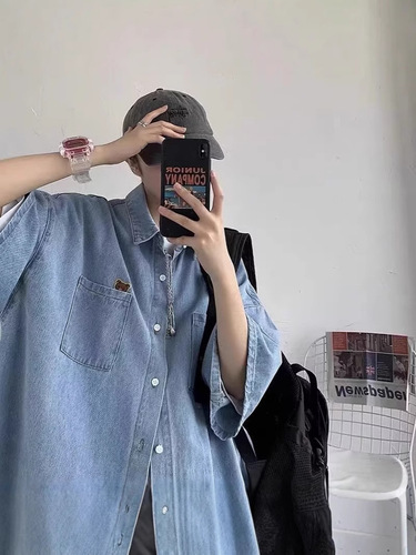 Spring and Autumn Korean Version Trendy Denim Shirt for Men Short Sleeve Loose Hong Kong Style Retro Versatile Casual Collarless Top