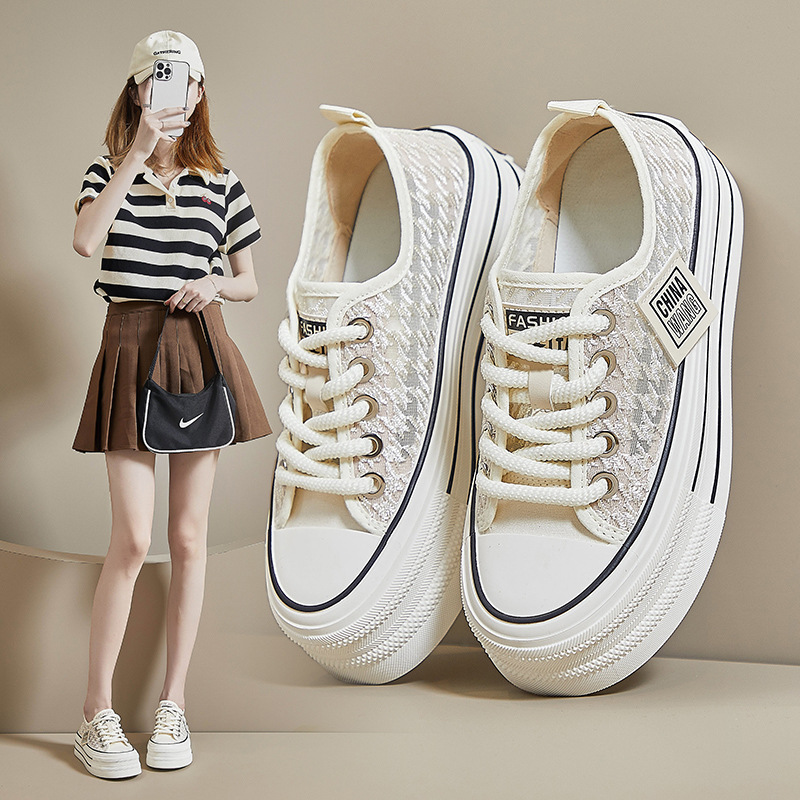 ins韩版帆布鞋女2024夏季新款女鞋网面透气休闲鞋学生增高板鞋潮