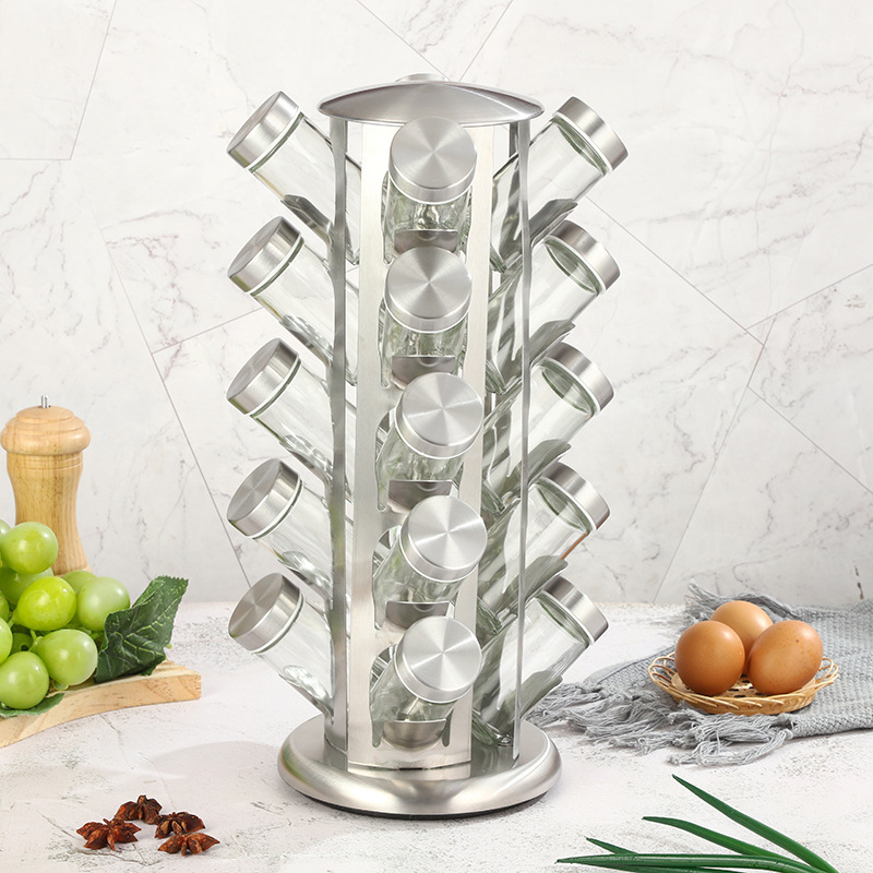 Venta al por mayor de acero inoxidable giratorio estante de condimento cocina torre tipo comino pimienta condimento botella especias condimento caja de almacenamiento traje