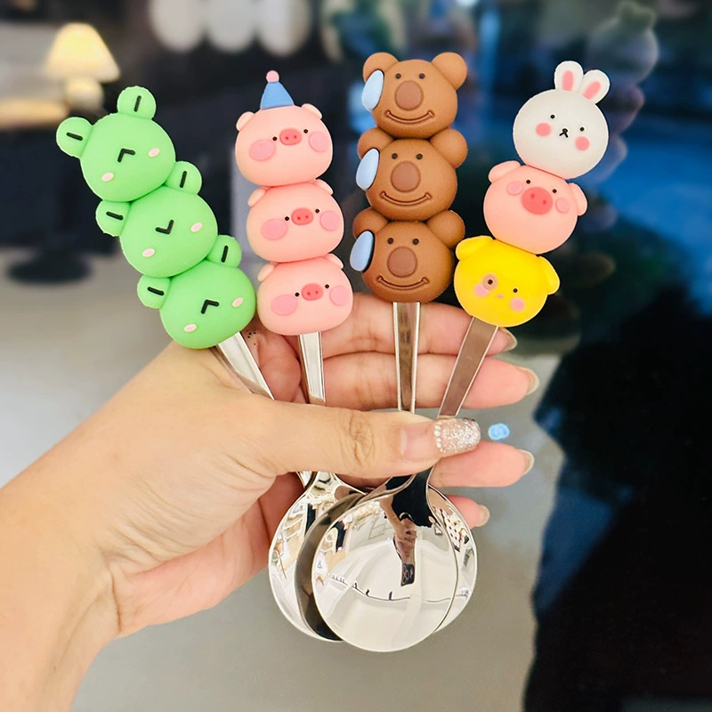 Ложка и вилка из нержавеющей стали 304, высококачественная силиконовая посуда Jenga с героями мультфильмов, детская посуда, ложка для еды ребенка