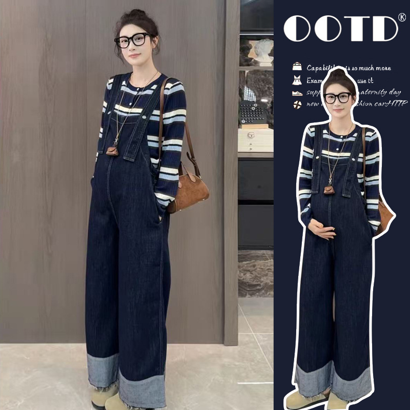 Maternity Wear Spring Set 2026 New Trendy Mom Style Simple Denim Overalls Striped Knit Top Two-Piece Set