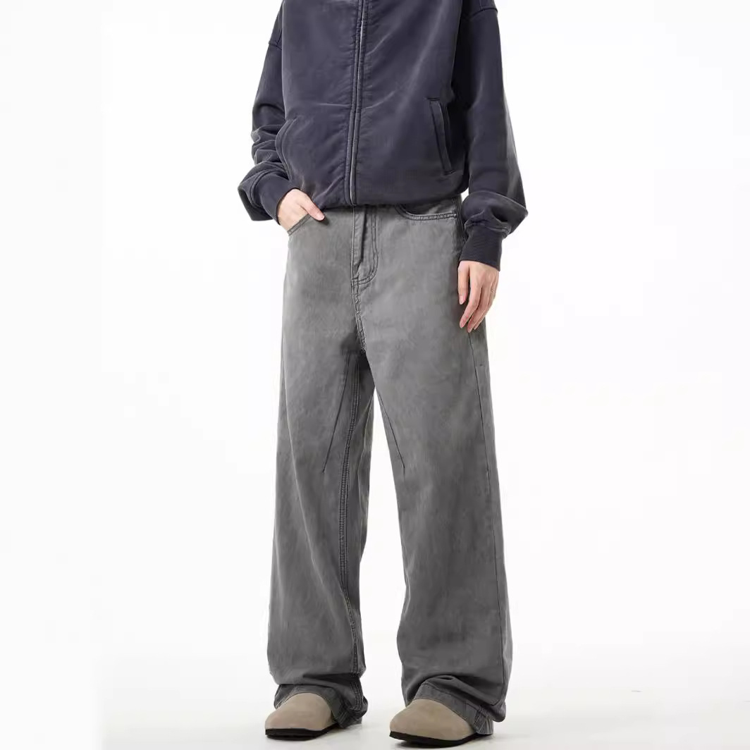 Men's Clothing Men's Retro Grey Denim Jeans Versatile Straight Leg Distressed Wash Casual Style For Spring Autumn Wide Leg Trousers_mkmklike.com
