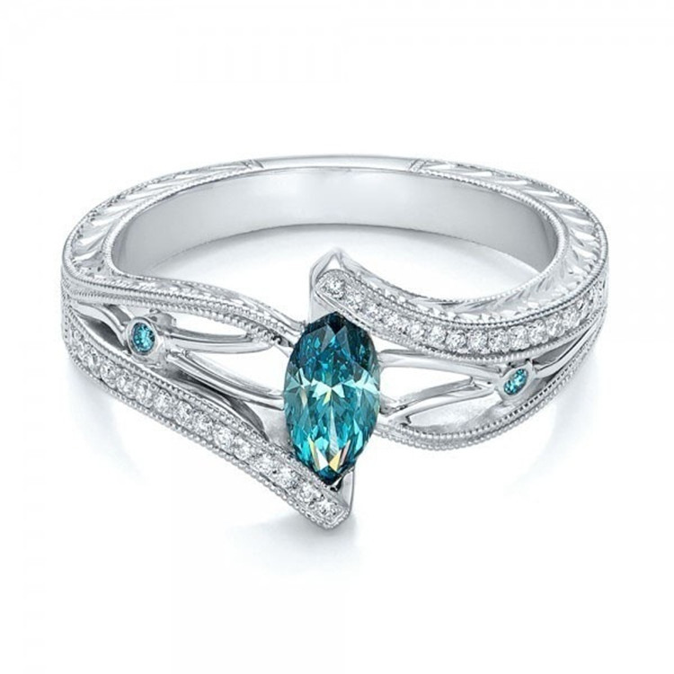 Wish Hot Selling Fashion Luxury Aquamarine Ring Topaz Engagement Ring Full Diamond Cut Out Hand Jewelry Wholesale