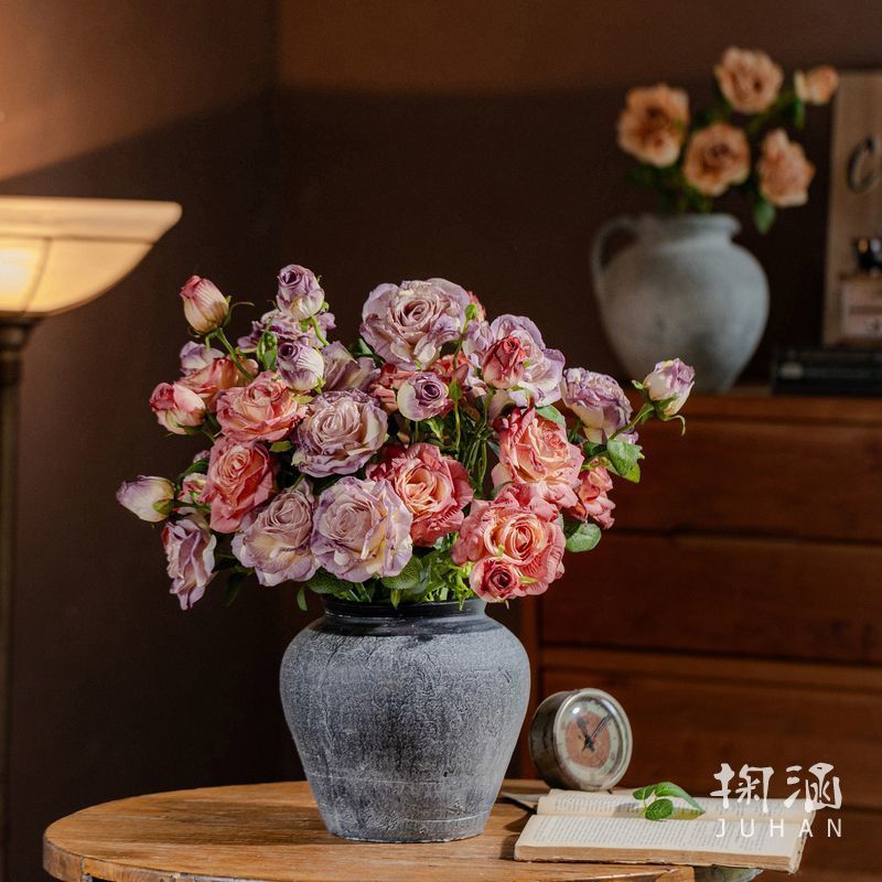 法式油画焦边仿真花玫瑰花假花复古插花客厅餐桌摆件装饰|undefined