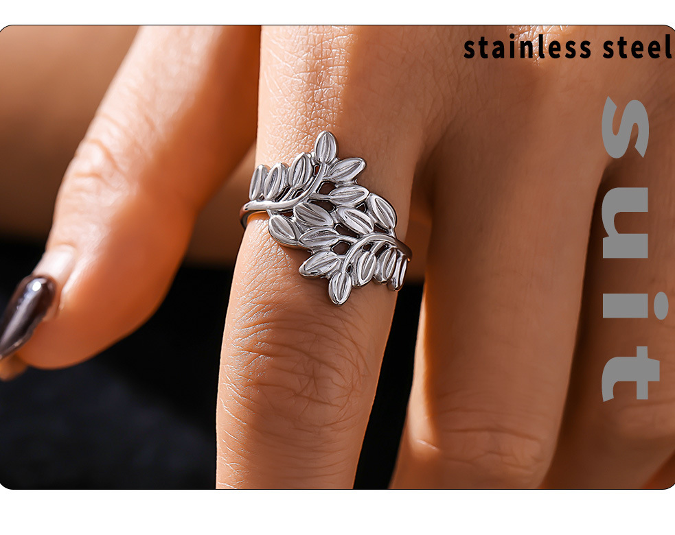 Anello aperto in acciaio inossidabile con linea cava, alla moda, non sbiadisce, bracciale con anello da donna con foglia di temperamento_voghion.com
