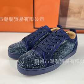跨境cl andgz男蓝色麂皮系带水晶铆钉低帮红底鞋女休闲板鞋情侣款