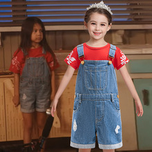 史迪奇外贸女童牛仔背带裤夏季两件套衬衫短袖短裤日常服装