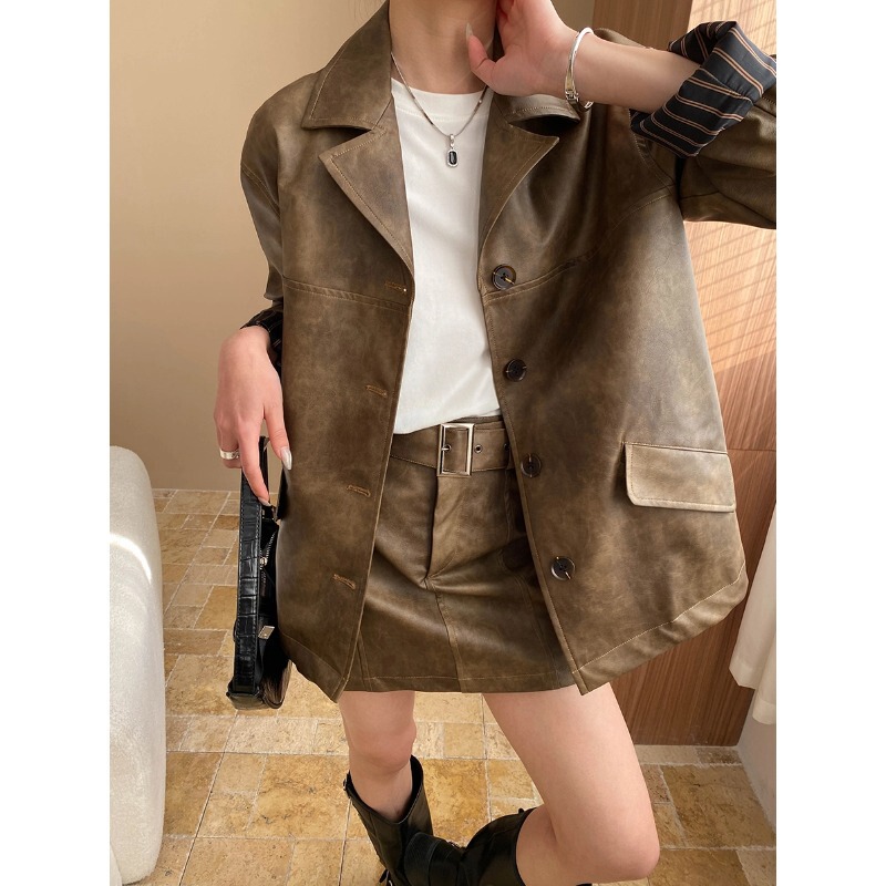 Sinan Early Autumn New Style Vintage Mottled Distressed Pu Leather Jacket Blazer Skirt Suit Sn7198