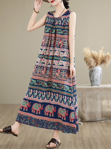 New style seaside vacation style waist waist sleeveless cotton silk dress for women's large size to show slimming and fat mm beach suspender long skirt
