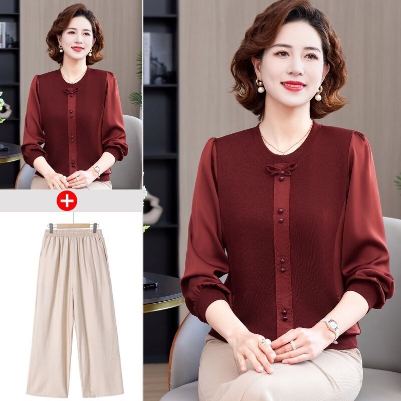 Mom's Spring and Summer Long-Sleeve Top Set, Stylish New Chinese-Style T-Shirt for Middle-Aged and Elderly Women, Mother's Day Mom's Spring and Summer Long-Sleeve Top Set, Stylish New Chinese-Style T-Shirt for Middle-Aged and Elderly Women, Mother's Day