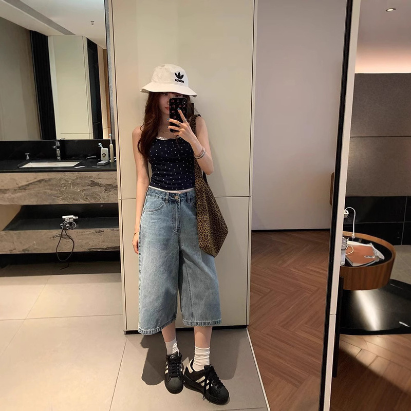 Plus-Size American High Street Cropped Jeans for Women, Summer Thin Style, Loose Fit for Petite Figures, Straight Casual Mid-Length Shorts Plus-Size American High Street Cropped Jeans for Women, Summer Thin Style, Loose Fit for Petite Figures, Straight Casual Mid-Length Shorts