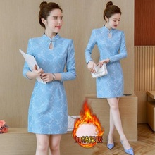 蕾丝连衣裙女秋冬新款改良旗袍中长款加绒加厚显瘦包臀打底裙