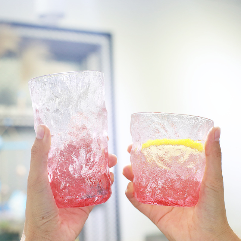炫彩冰纹玻璃杯日式冰川锤纹杯创意水杯厚底威士忌酒杯礼品套组