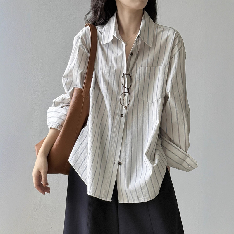 Striped Cotton Long-Sleeved Shirt for Women 2026 Autumn New Casual Bf Style Loose Slimming Look and High-End Feel Top