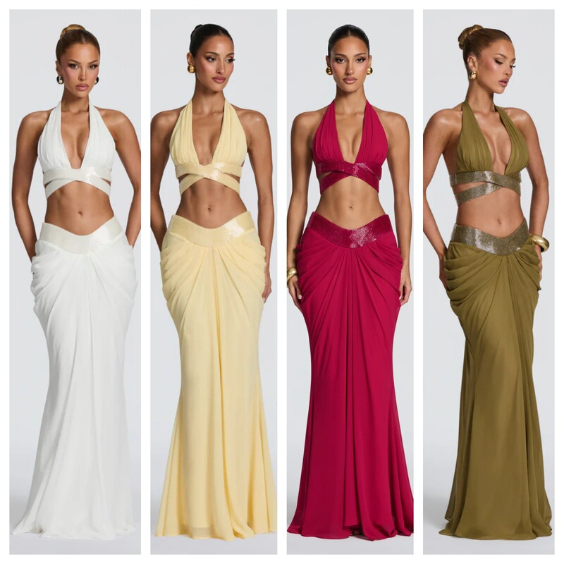 Solid Color High-Waisted Pleated Chiffon Fishtail Long Dress European and American Style Deep V Sequined Crop Top Two-Piece Dress Set Solid Color High-Waisted Pleated Chiffon Fishtail Long Dress European and American Style Deep V Sequined Crop Top Two-Piece Dress Set