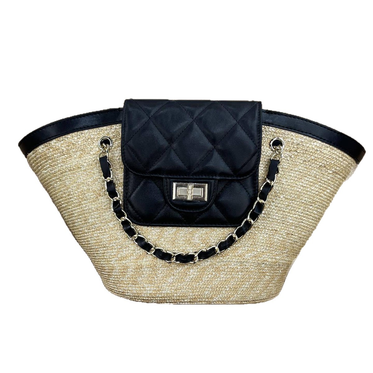 Bolsa de ombro em rattan trançado com acabamento em couro_voghion.com