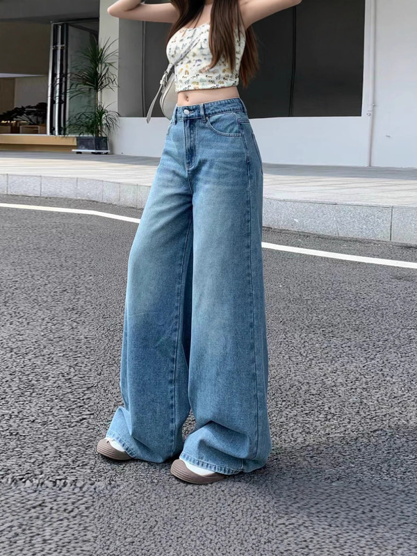 跨境美式复古直筒牛仔裤女新款水洗磨白高腰显瘦垂感阔腿拖地长裤|undefined