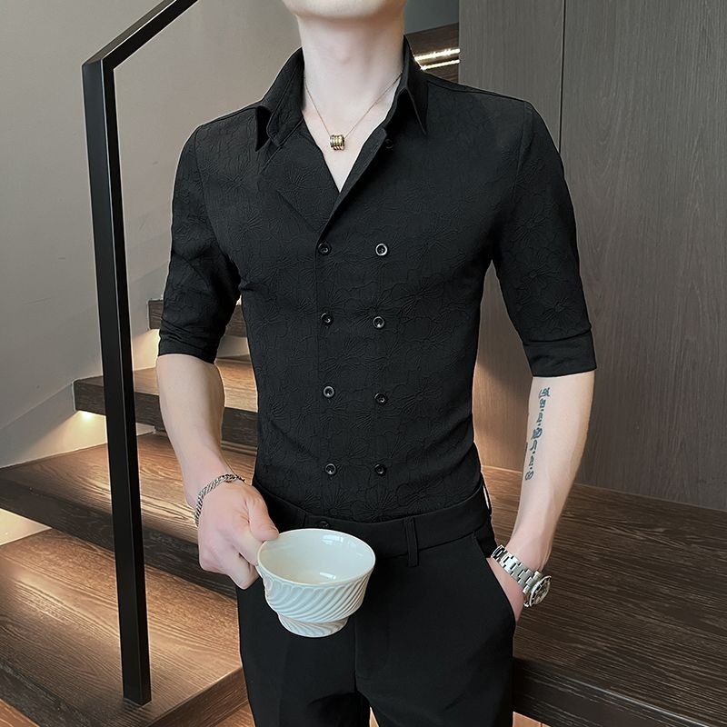 High-End Patterned Three-Quarter Sleeve Shirt Men's Thin Summer New Printed Double-Breasted Short-Sleeved Shirt Handsome