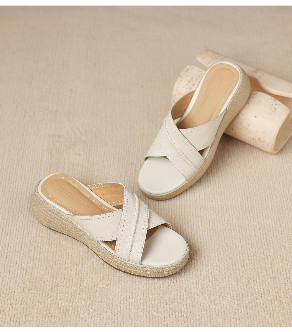 Dép sandal nữ quai chéo hở ngón đế dày da cừu — màu trắng ngà chi tiết 22
