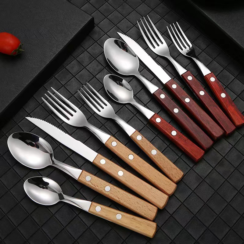 304 cubiertos de madera mango cubiertos set cuchillo tenedor cuchara set 5 piezas set